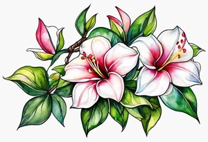white background, abstract mandevilla flowers on a vine, part of it watercolor, part of it just line work tattoo idea
