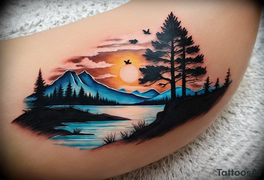 I want a calf tattoo with a super realistic paw print, including lifelike texture and shading, especially on the nails. Inside the paw print, there's a detailed nature scene: mountains, a lake, a stream, and southern oak trees with wide canopies like a traditional southern background. Keep the peeks of the mountains soft. The sun peeks over the mountains, shining and reflecting over the land and water, with realistic shading for depth. Around the paw print, l'd like a splotchy, fading background for a natural, textured look, but without any animals. The overall style should be detailed and realistic, with strong shading and dimension. No color and very realistic in the paw. tattoo idea