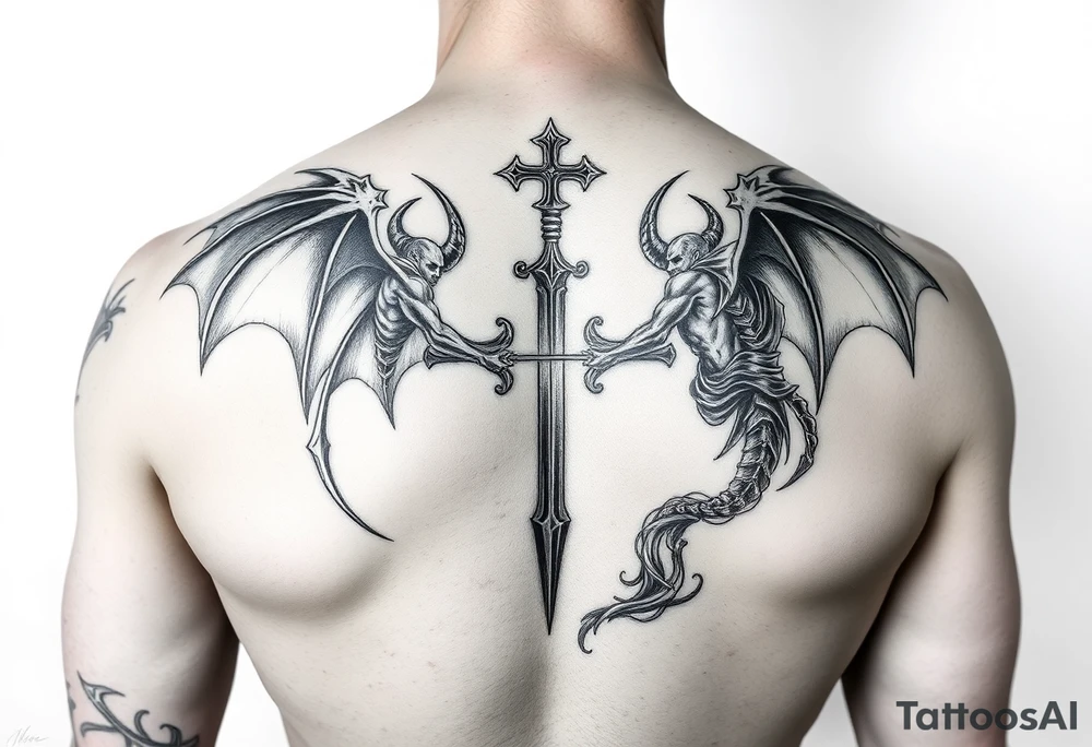 Good vs Evil battle entire back tattoo tattoo idea