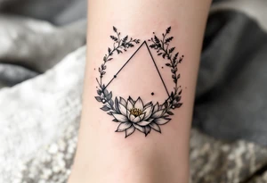 Small Feminine simple Dotted Line hexagon with Leo astrological symbol surrounded by larkspurs and water lilies tattoo idea