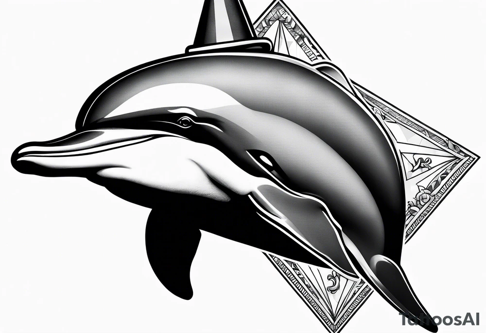 One dolphin wearing one triangle shaped 
party hat on top . Side view. Dolphin should be smiling. tattoo idea