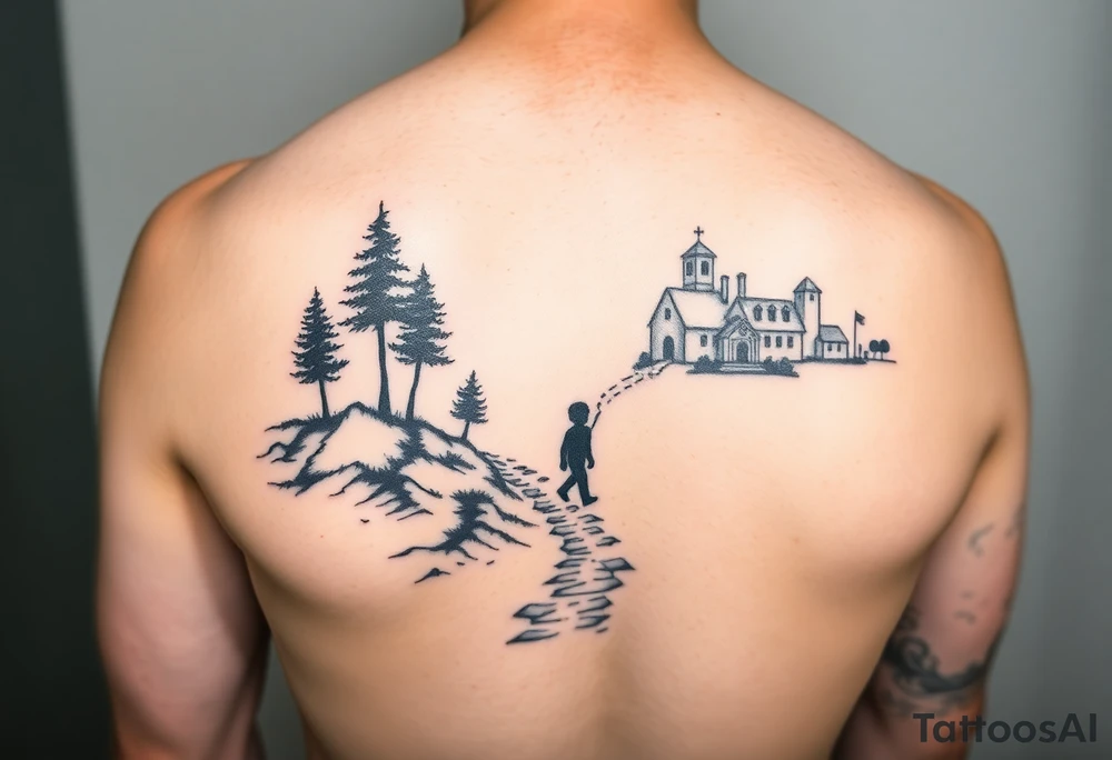 designing a black and white tattoo for a half-sleeve on shoulder: path beginning in the bottom end and winding upwards. The first third starting at the bottom. On the left are a few trees and on the right side a village and a school. A child is walking the path. tattoo idea