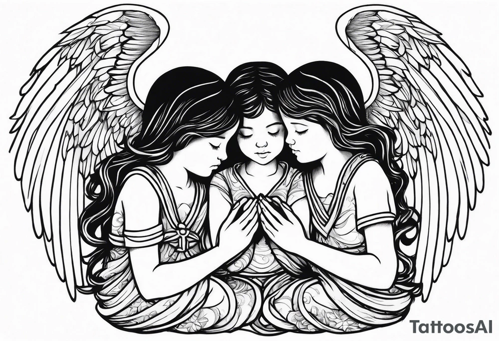 three angels praying together. The two boy angels are on either side of the girl angel, with their wings gently enfolding her in a protective embrace tattoo idea