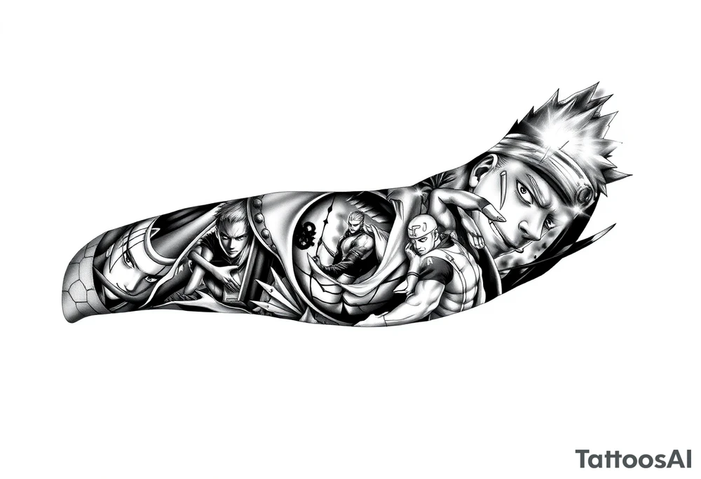Full Naruto anime tattoo in black and grey realism, designed for the entire arm. Featuring Kakashi Hatake, Itachi Uchiha, and Pain, with detailed portraits and dramatic poses. Sharp shading, bold linework, and high contrast with smoky shadows for depth. Integrate multiple panels flowing seamlessly together, with each character framed by abstract effects like chakra energy, smoke, and broken stone textures. Masculine, dynamic, and intense style with strong highlights and shadows.” tattoo idea