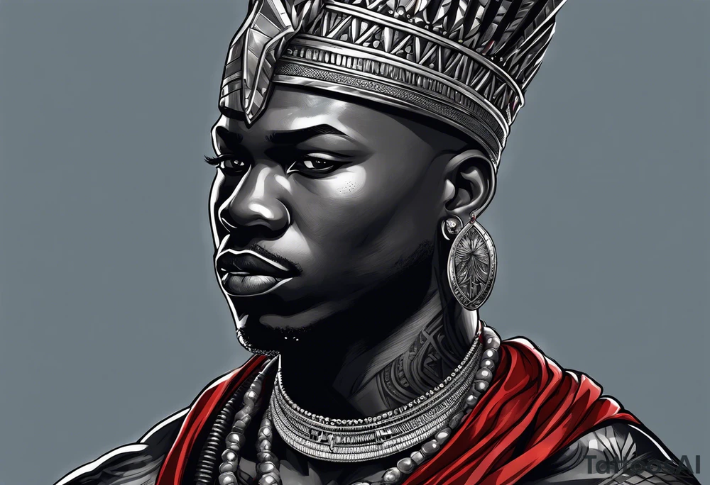Black-skinned bald african warrior. He has a silver crown. He wears two simple necklaces: one blue, other red. Looking front tattoo idea