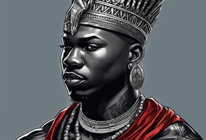 Black-skinned bald african warrior. He has a silver crown. He wears two simple necklaces: one blue, other red. Looking front tattoo idea