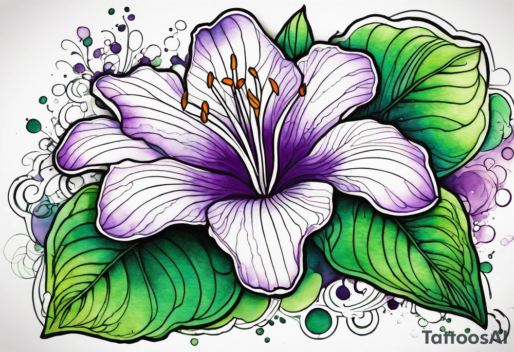 An outline of a rio dipladenia flower with green/purple pedals and a green/purple watercolor splash in the background tattoo idea
