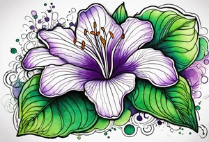 An outline of a rio dipladenia flower with green/purple pedals and a green/purple watercolor splash in the background tattoo idea