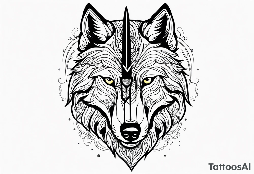 a head of savage wolf with a sword in its mouth tattoo idea