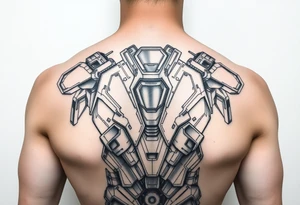 Ironman suit blueprint for separated suit parts with watercolor and geometric technique tattoo idea