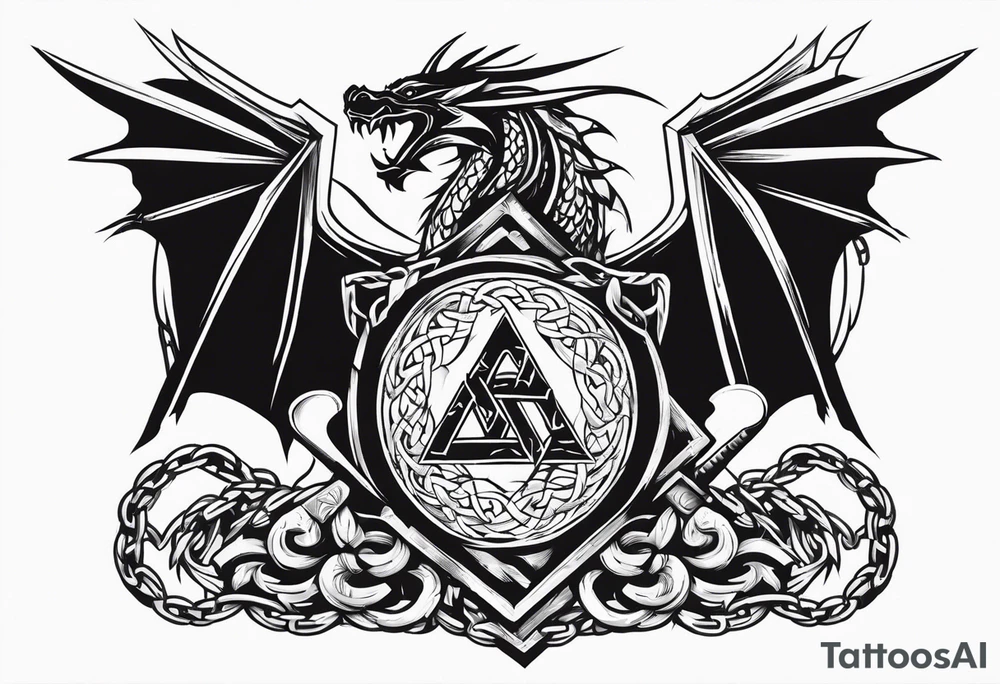 Valhalla sword shield dragon axe Valknut barbed wire chains tattoo idea Valhalla sword shield dragon axe Valknut barbed wire chains tattoo idea