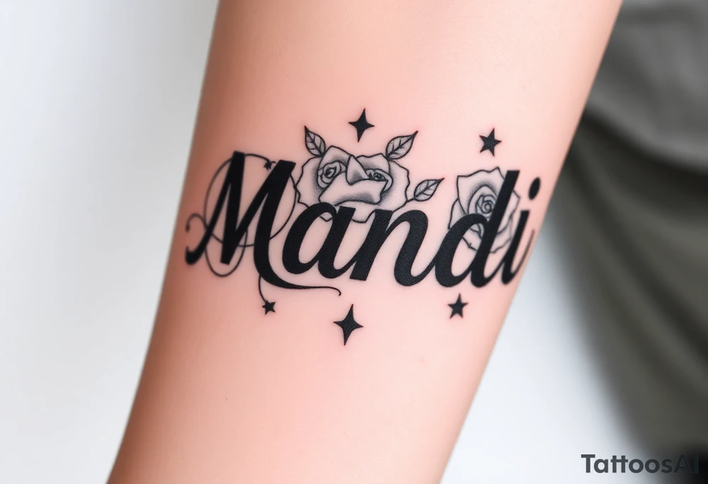 Name Mandi with blue eyes roses and stars tattoo idea