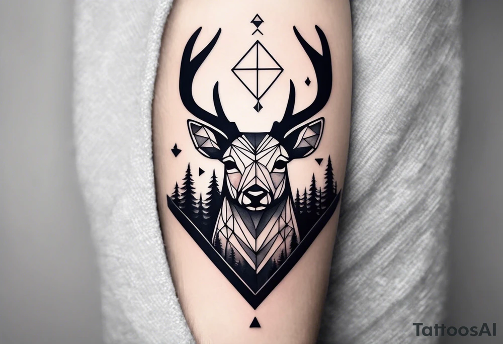 crea un tatuaje para el brazo izquierdo donde se vean animales en estilo geometrico y una cruz de los vientos en el antebrazo interno. el fondo debe ser un bosque con montañas esfumado. Usar escala de grises tattoo idea