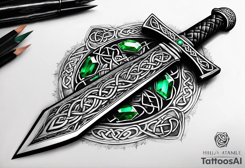 A Celtic athame dagger with the hilt turned upward and an emerald gemstone on the hilt not on the blade tattoo idea