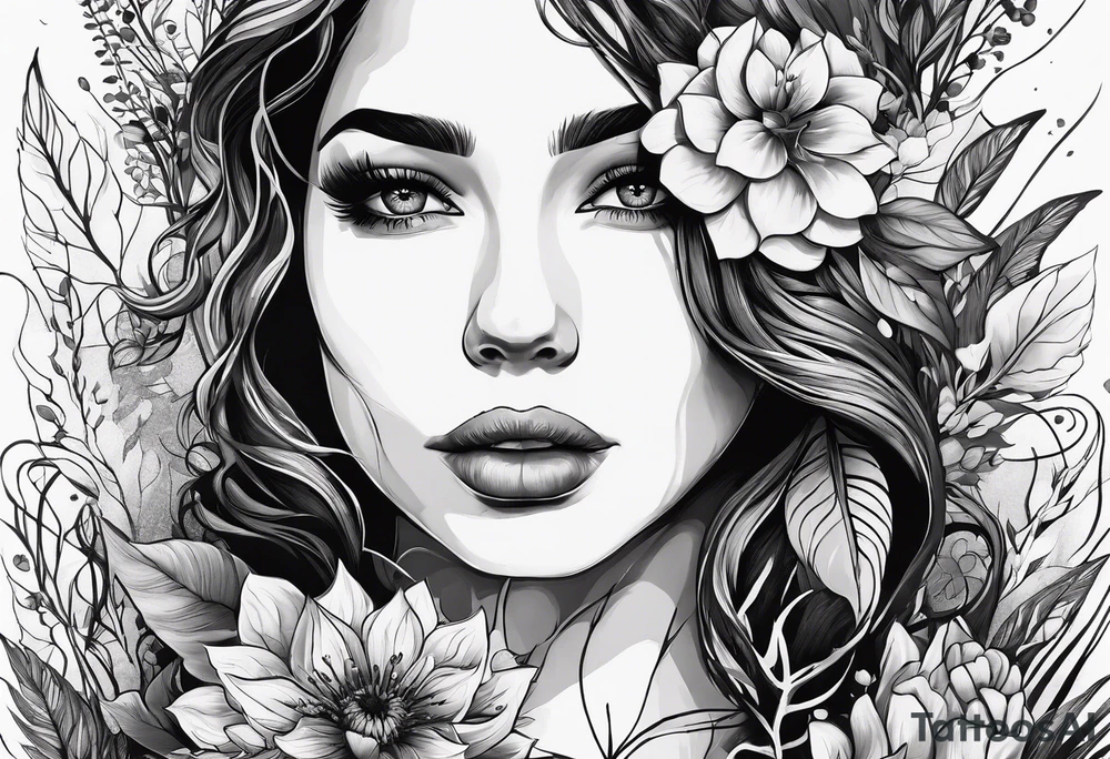 A woman, plants are growing around her, she has some wounds from the plants tattoo idea