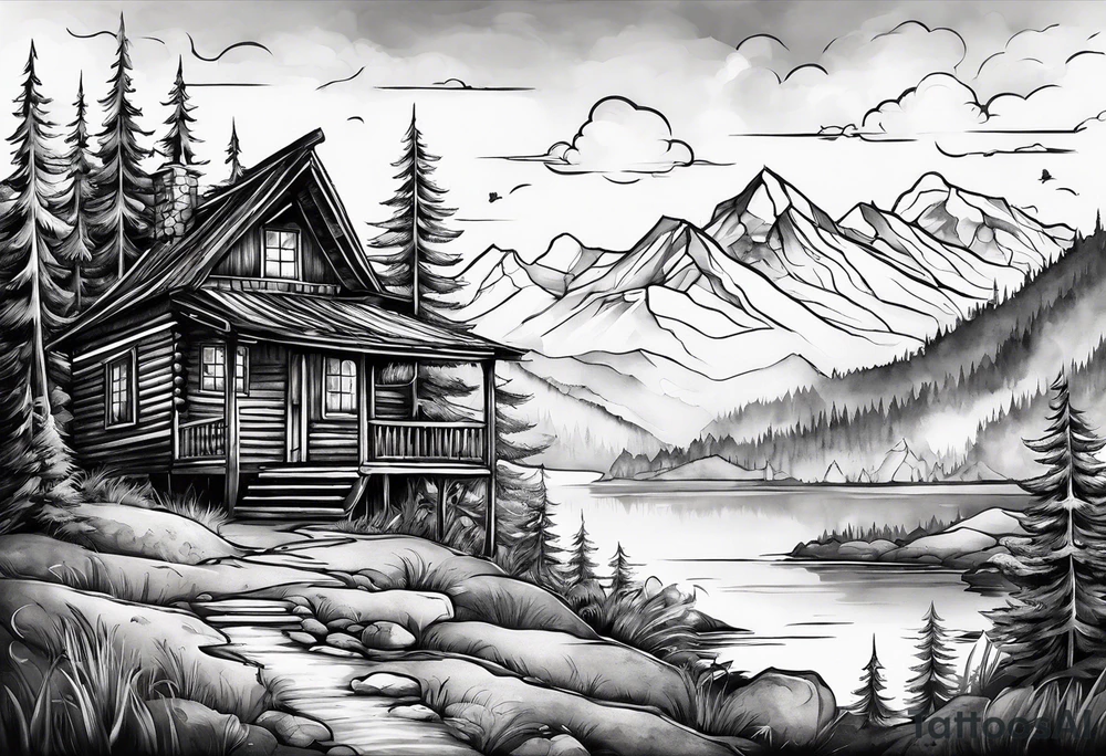 Whimsical landscape with cabin tattoo idea
