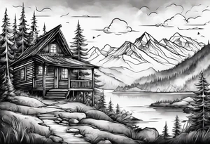 Whimsical landscape with cabin tattoo idea