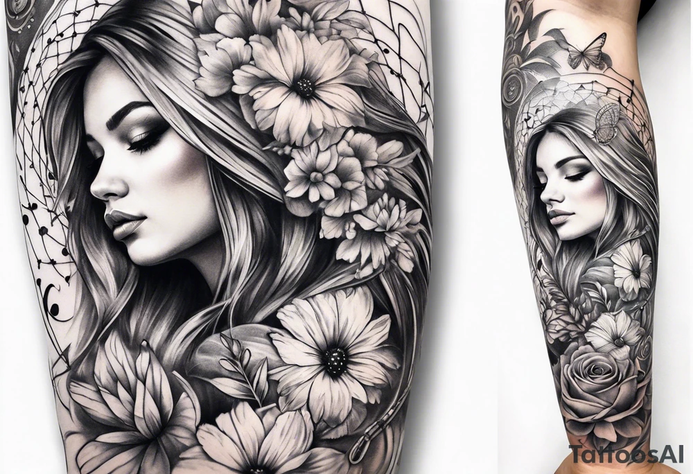 arm sleeve with dreamcatcher, rainbow flowers and one butterfly tattoo idea