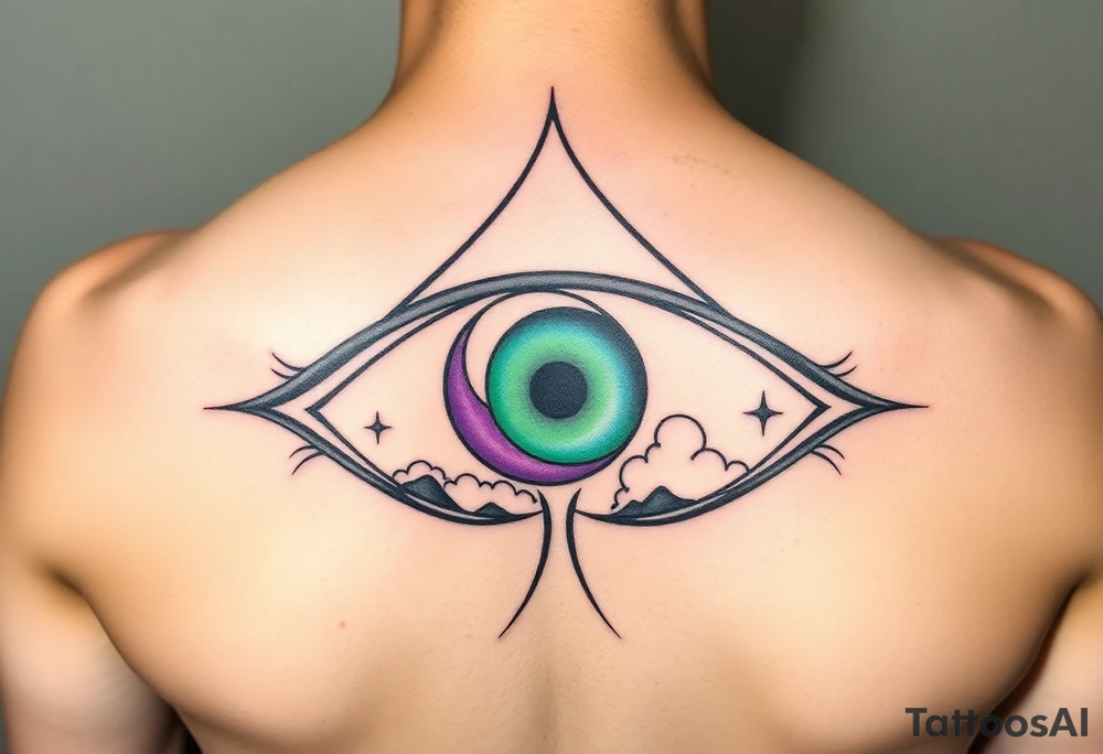 Large outline of an eye almond shaped with a spade for the eyeball + eyecolor greenish blue with a crescent moon stars and clouds inside of the spade eyeball using vivid colora like green purple and blue tattoo idea