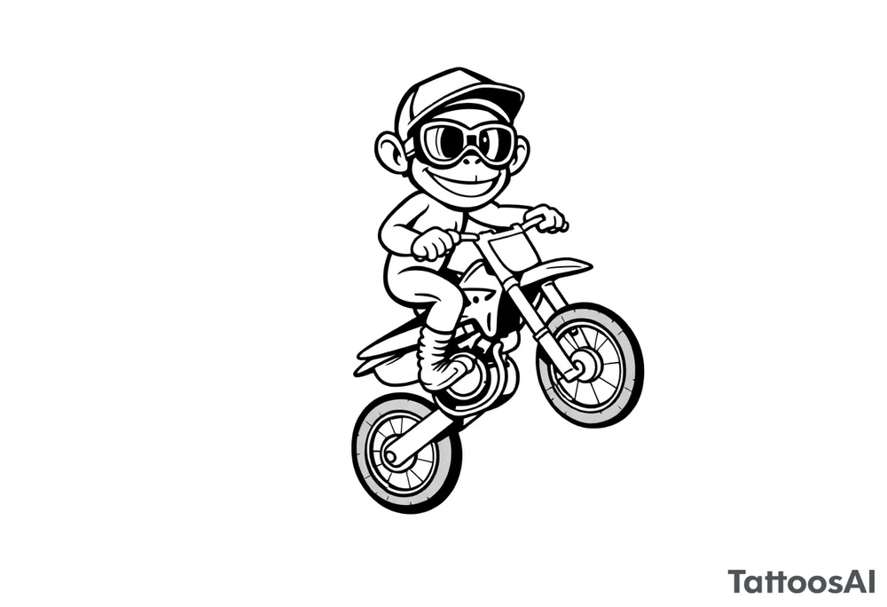 Cartoon monkey with helmet and goggles on a dirtbike doing a wheelie tattoo idea