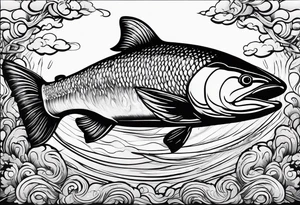 a salmon surrounded by solid color background design tattoo idea