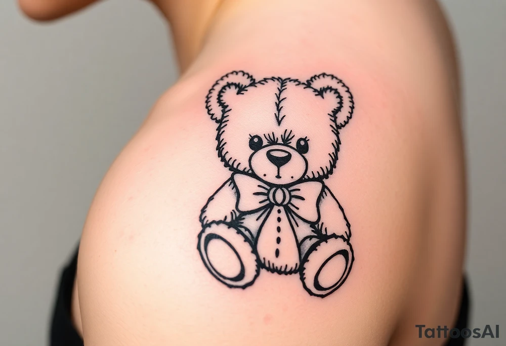 realistic teddy bear with a bow around its neck tattoo idea