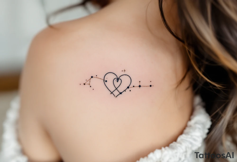 Two fine-line hearts joined by a delicate constellation with gold and navy blue accents.
Placement: Inner forearm, matching for both partners. tattoo idea