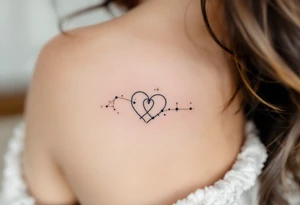 Two fine-line hearts joined by a delicate constellation with gold and navy blue accents.
Placement: Inner forearm, matching for both partners. tattoo idea