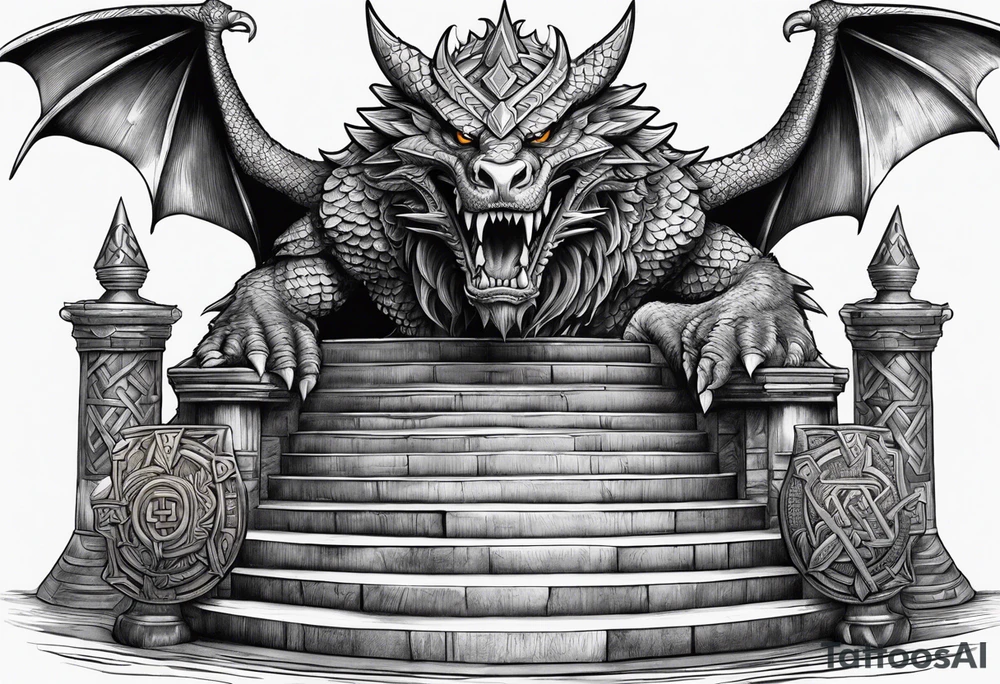 Valhalla sword shield dragon axe Valknut stairs tattoo idea