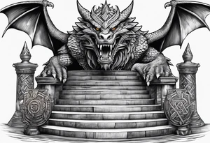 Valhalla sword shield dragon axe Valknut stairs tattoo idea