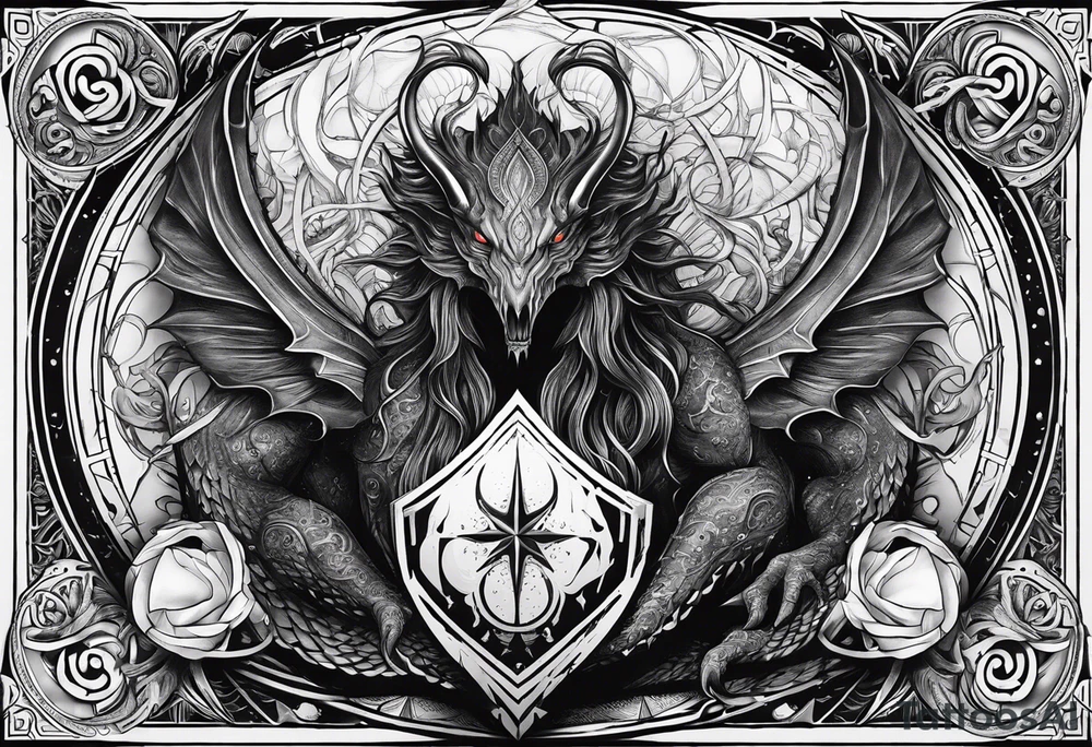 Long tattoo for arm. Lovecraftian creature, protecting a heart. Ctulhu. tattoo idea