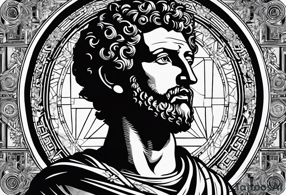 The Face of marcus aurelius with the lower left half missing. He is looking slightly away at 25 degrees. Geometric symbols framing the background tattoo idea