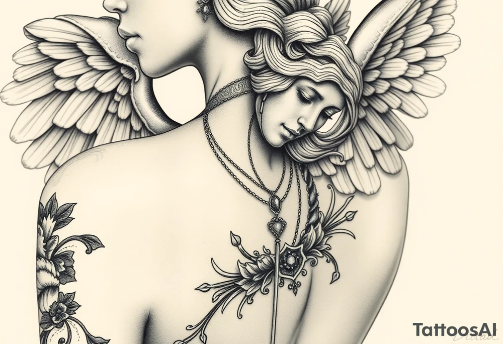 Create a statue of some angel, ruined with a corrupt criminal/thug style, tattoos, jewelry, gold necklaces. I would like this to be placed on the left arm. tattoo idea