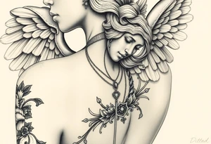 Create a statue of some angel, ruined with a corrupt criminal/thug style, tattoos, jewelry, gold necklaces. I would like this to be placed on the left arm. tattoo idea
