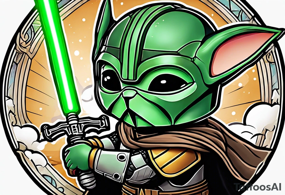 Baby grogu wearing mandalorian armor fighting Darth vader while wielding a green lightsaber tattoo idea