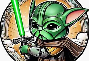 Baby grogu wearing mandalorian armor fighting Darth vader while wielding a green lightsaber tattoo idea