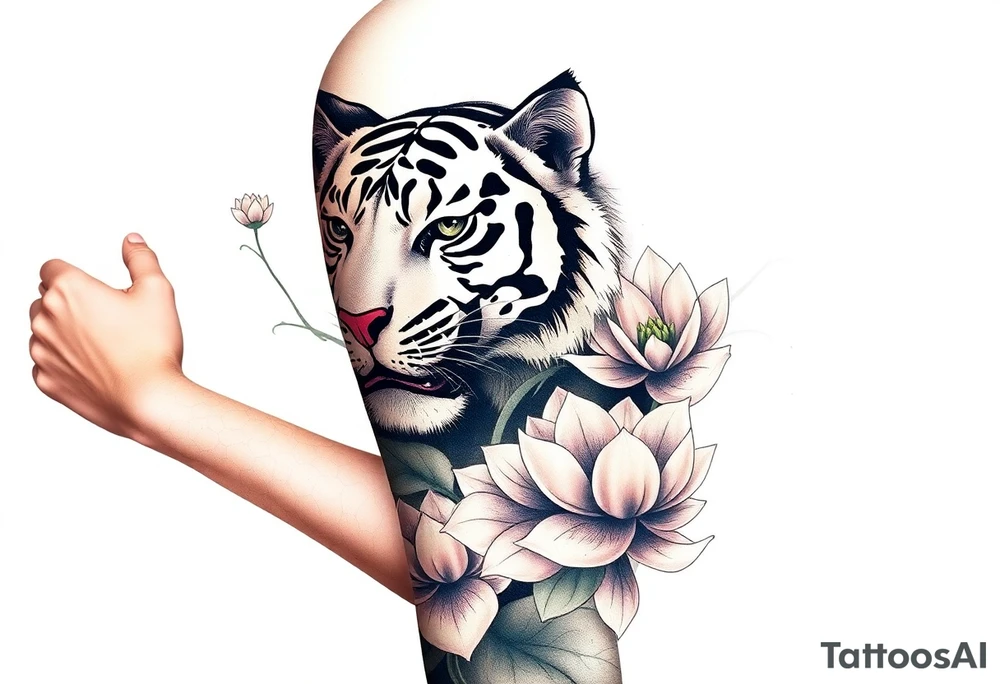 fierce tiger emerging through blooming lotus flowers in mist tattoo idea