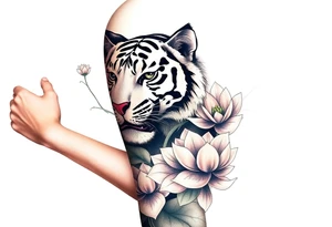 fierce tiger emerging through blooming lotus flowers in mist tattoo idea