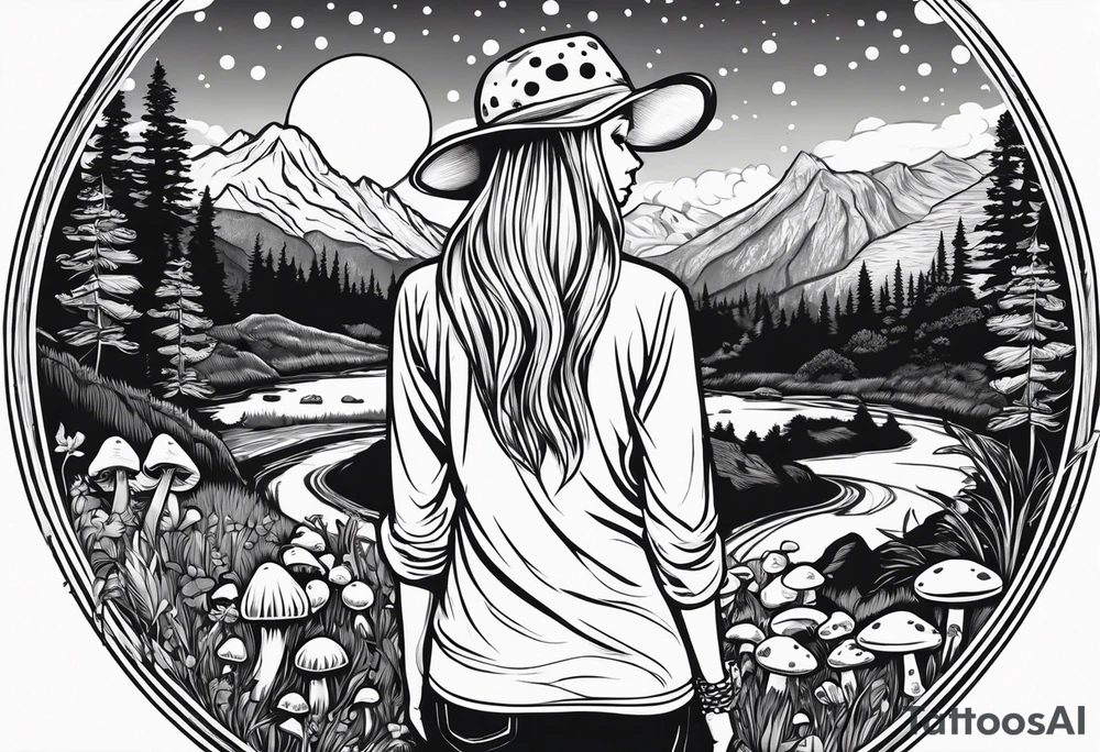 Whole picture encircled fully

Straight long blonde hair hippie girl in distance holding mushrooms in hand facing away toward mountains and creek surrounded by mushrooms long sleeve shirt and hiking pants; whole rendering within a full circle, no cut off circle tattoo idea