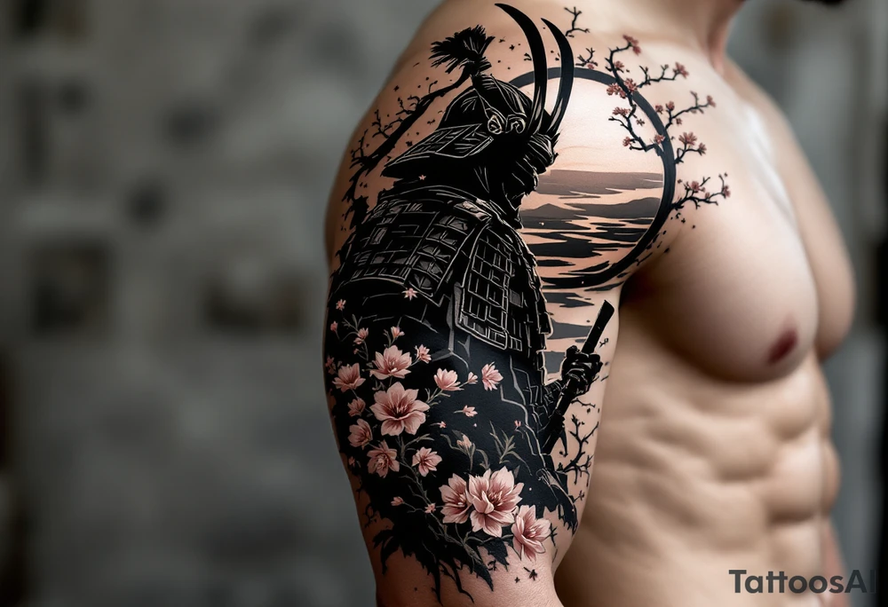 noble samurai warrior silhouette at sunset with cherry blossoms tattoo idea