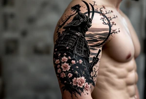 noble samurai warrior silhouette at sunset with cherry blossoms tattoo idea