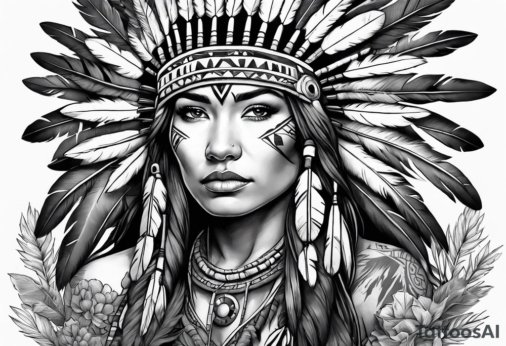 Native American, using a Native American war bonnet, with plants and nature behind her, half sleeve tattoo idea