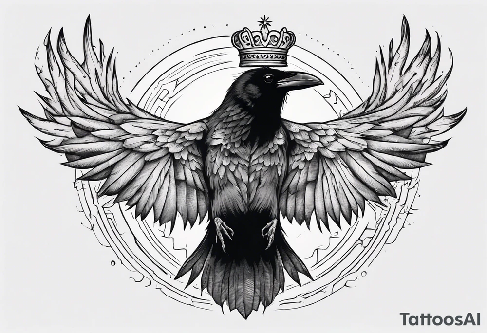 Cunning Raven wearing a Crown flying towards the Sun. Mystic. tattoo idea