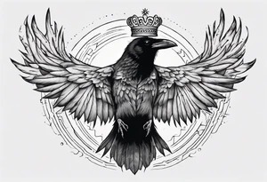 Cunning Raven wearing a Crown flying towards the Sun. Mystic. tattoo idea