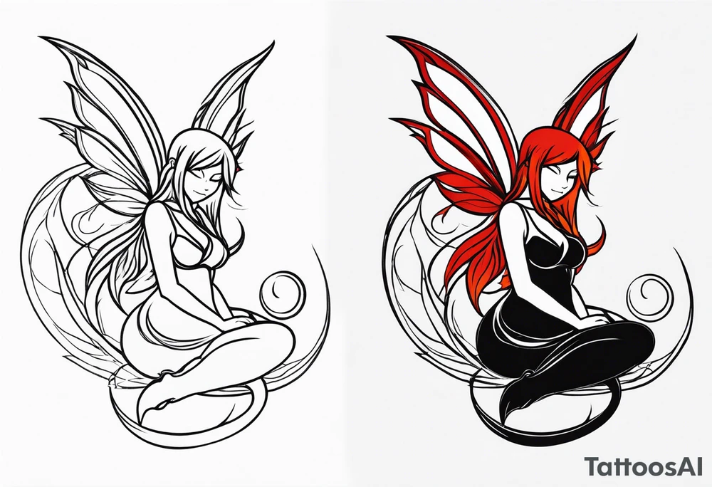 A fairy with a tail inspired by the logo of the show called Fairy Tail in a fetal position leaning in tattoo idea