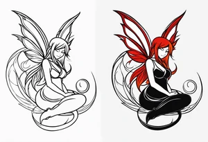 A fairy with a tail inspired by the logo of the show called Fairy Tail in a fetal position leaning in tattoo idea