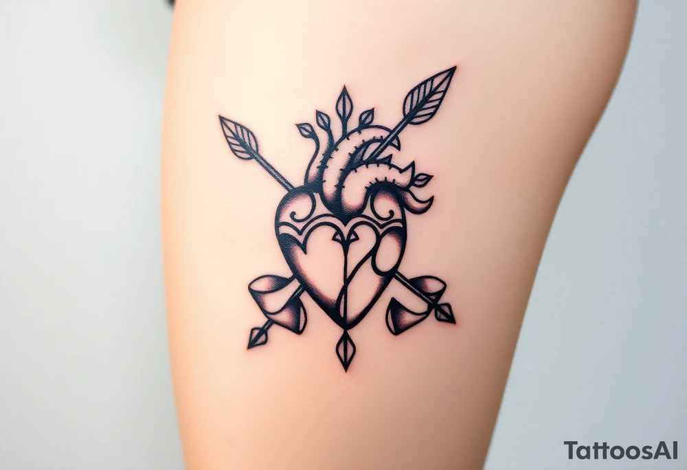anatomical heart pierced by ornate arrow with flowing ribbons tattoo idea