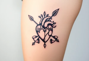 anatomical heart pierced by ornate arrow with flowing ribbons tattoo idea