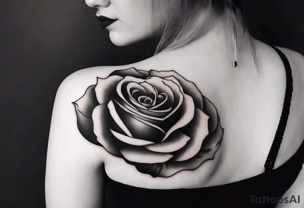 Bloomed rose attached with female body, kneeling tattoo idea