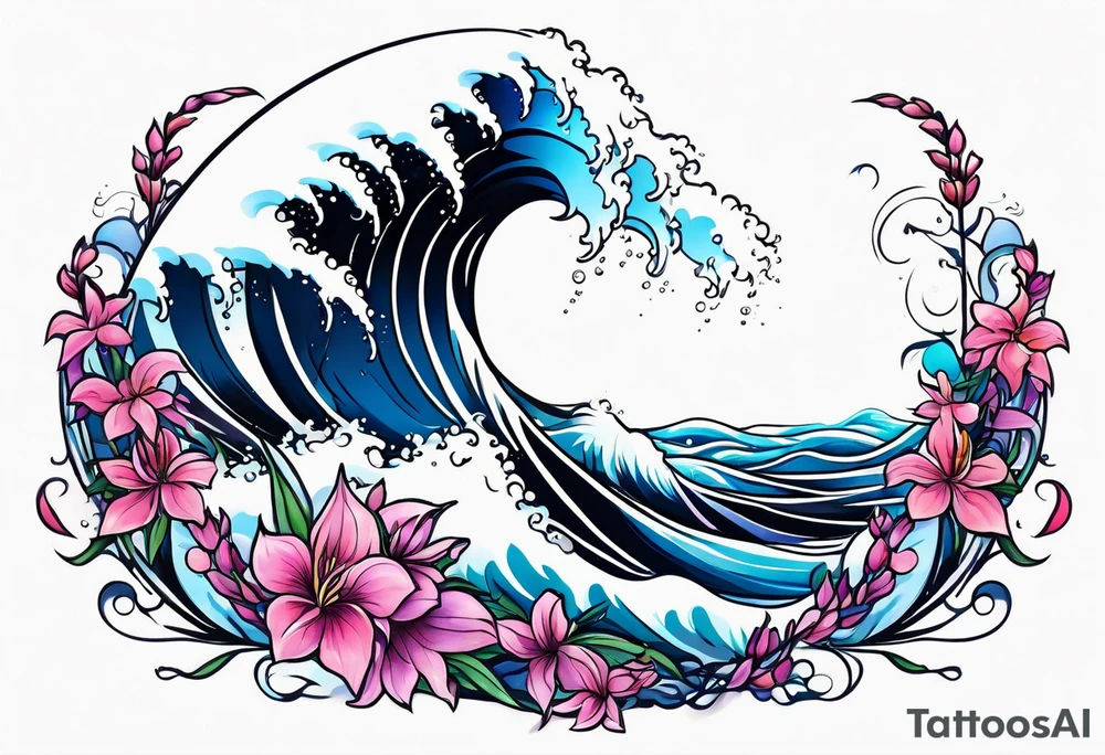ocean wave surrounded by lupin and fireweed vines tattoo idea